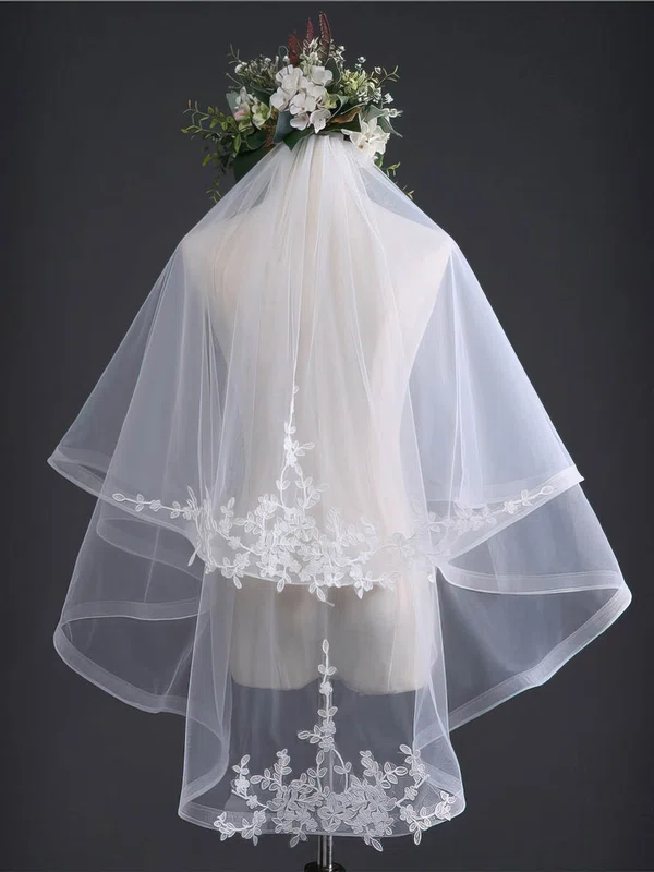 Fingertip Bridal Veils Two-tier Ribbon Edge Applique Classic #UKM03010244