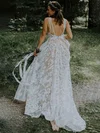 A-line V-neck Tulle Sweep Train Wedding Dresses With Appliques Lace #UKM00024054