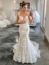 Trumpet/Mermaid V-neck Tulle Sweep Train Wedding Dresses With Appliques Lace #UKM00024055
