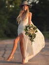 Lace V-neck A-line Sweep Train Split Front Wedding Dresses #UKM00024057