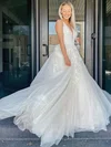 Tulle V-neck Ball Gown Sweep Train Appliques Lace Wedding Dresses #UKM00024058