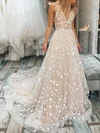 Ball Gown V-neck Tulle Sweep Train Wedding Dresses With Appliques Lace #UKM00024059