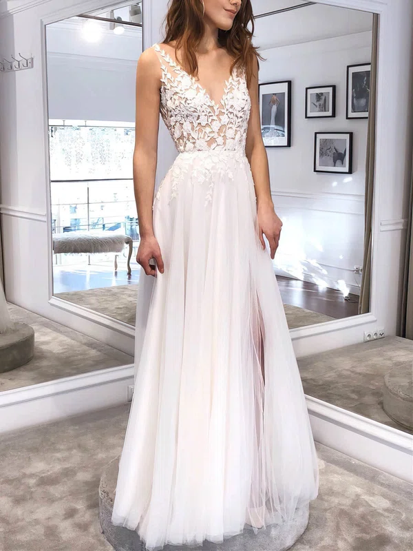 Ball Gown V-neck Tulle Floor-length Wedding Dresses With Split Front #UKM00024060