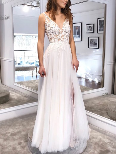 Tulle V-neck A-line Floor-length Appliques Lace Wedding Dresses #UKM00024060