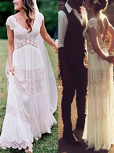 A-line V-neck Chiffon Floor-length Wedding Dresses With Appliques Lace #UKM00024061