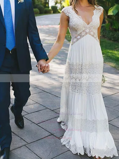 A-line V-neck Chiffon Floor-length Wedding Dresses With Appliques