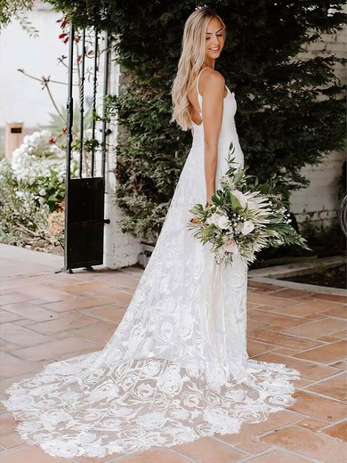 Lace V-neck A-line Sweep Train Wedding Dresses #UKM00024065