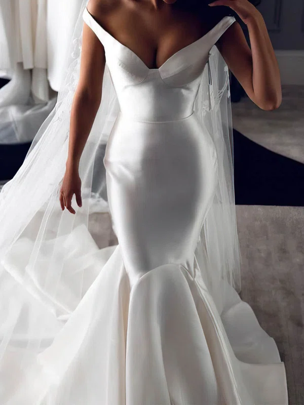 Trumpet/Mermaid Off-the-shoulder Satin Sweep Train Wedding Dresses #UKM00024074