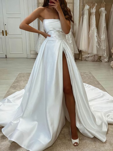 Satin Strapless A-line Court Train Split Front Wedding Dresses #UKM00024076