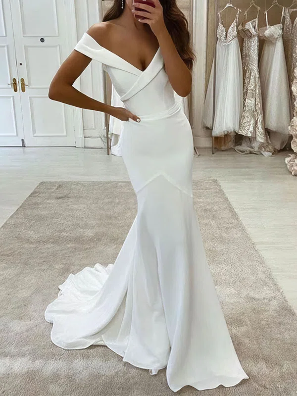 Silk-like Satin Off-the-shoulder Trumpet/Mermaid Sweep Train Wedding Dresses #UKM00024077