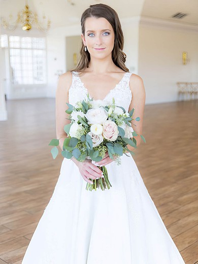 Satin V-neck A-line Court Train Appliques Lace Wedding Dresses #UKM00024083