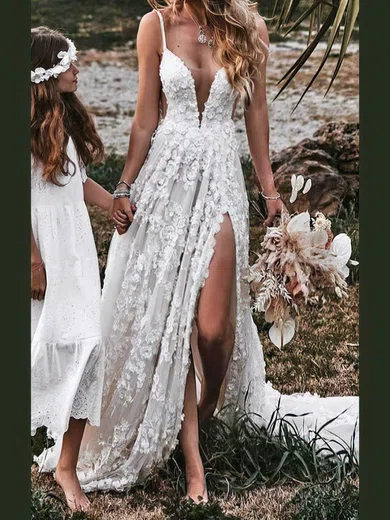 Ball Gown/Princess V-neck Tulle Sweep Train Wedding Dresses With Split Front #UKM00024088