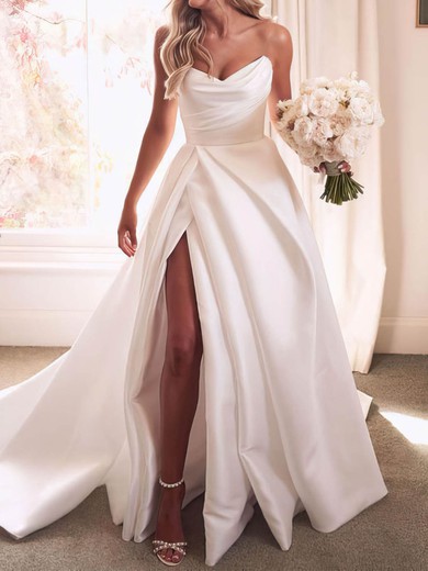 Ball Gown V-neck Satin Sweep Train Wedding Dresses With Split Front #UKM00024090