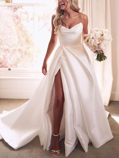 Satin V-neck A-line Sweep Train Ruffles Wedding Dresses #UKM00024090