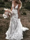 Trumpet/Mermaid V-neck Tulle Sweep Train Wedding Dresses With Appliques Lace #UKM00024092