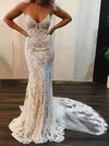 Trumpet/Mermaid V-neck Lace Sweep Train Wedding Dresses With Appliques Lace #UKM00024095