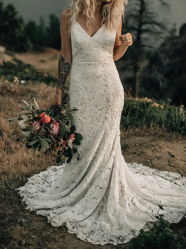 Trumpet/Mermaid V-neck Lace Sweep Train Wedding Dresses #UKM00024096