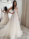 Ball Gown V-neck Tulle Sweep Train Wedding Dresses With Appliques Lace #UKM00024100