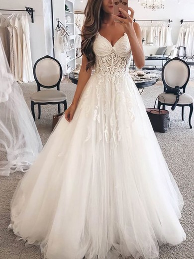 Ball Gown Sweetheart Tulle Sweep Train Wedding Dresses With Appliques Lace #UKM00024102