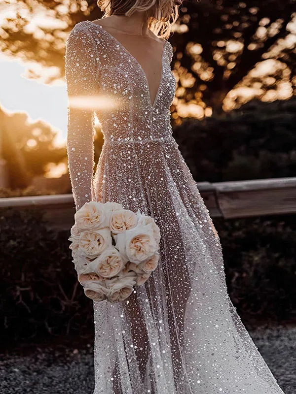 A-line V-neck Glitter Sweep Train Wedding Dresses #UKM00024106