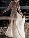 Glitter V-neck A-line Sweep Train Wedding Dresses #UKM00024106