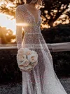 Glitter V-neck A-line Sweep Train Wedding Dresses #UKM00024106