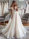Ball Gown V-neck Tulle Sweep Train Wedding Dresses With Appliques Lace #UKM00024113