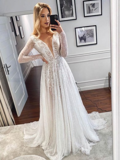 Glitter V-neck A-line Sweep Train Wedding Dresses #UKM00024116