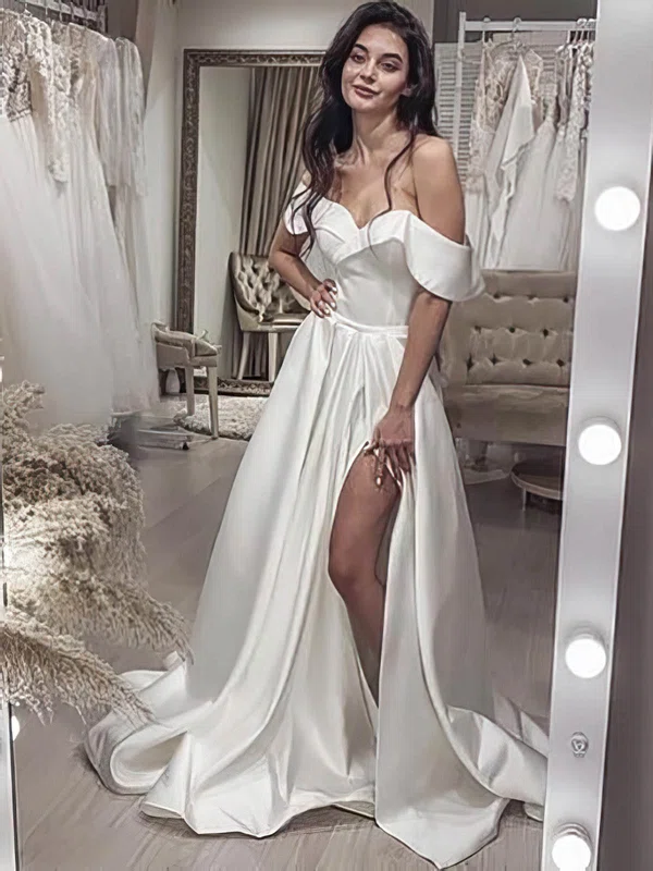 Ball Gown Off-the-shoulder Satin Sweep Train Wedding Dresses With Split Front #UKM00024117