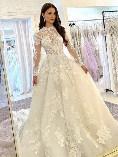 Ball Gown High Neck Tulle Court Train Wedding Dresses With Appliques Lace #UKM00024120