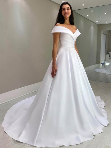 Satin Off-the-shoulder A-line Sweep Train Wedding Dresses #UKM00024121