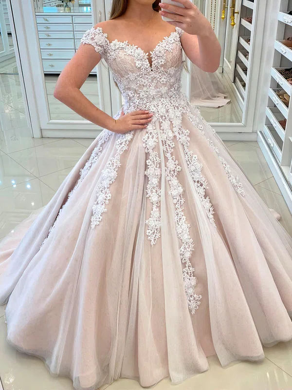 Ball Gown/Princess Illusion Tulle Sweep Train Wedding Dresses With Appliques Lace #UKM00024122