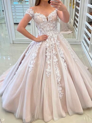 Ball Gown/Princess Illusion Tulle Sweep Train Wedding Dresses With Appliques Lace #UKM00024122