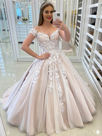 Tulle Scoop Neck Ball Gown Sweep Train Appliques Lace Wedding Dresses #UKM00024122