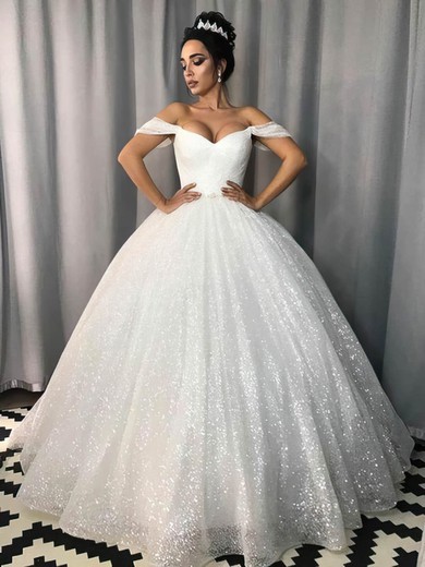 Ball Gown Off-the-shoulder Glitter Sweep Train Wedding Dresses #UKM00024124