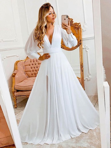 Chiffon V-neck A-line Sweep Train Wedding Dresses #UKM00024125