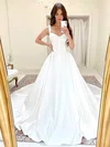 Ball Gown V-neck Satin Court Train Wedding Dresses #UKM00024126