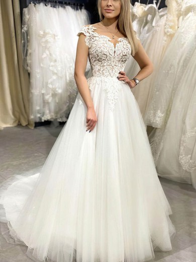 Tulle Scalloped Neck A-line Sweep Train Appliques Lace Wedding Dresses #UKM00024129
