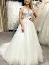 Ball Gown Illusion Tulle Sweep Train Wedding Dresses With Appliques Lace #UKM00024129