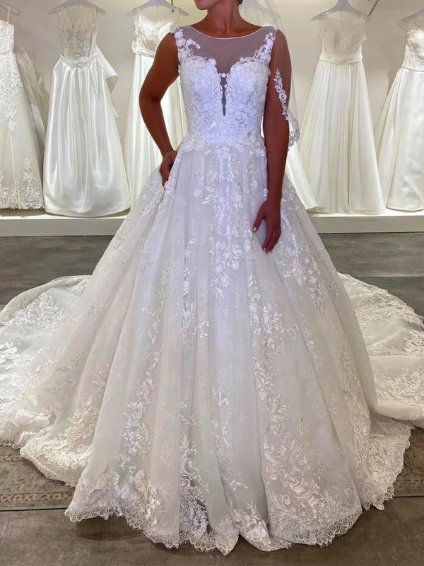 Ball Gown/Princess Illusion Tulle Court Train Wedding Dresses With Beading #UKM00024130