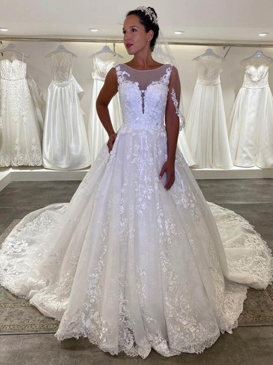 Tulle Scoop Neck Ball Gown Court Train Beading Wedding Dresses #UKM00024130