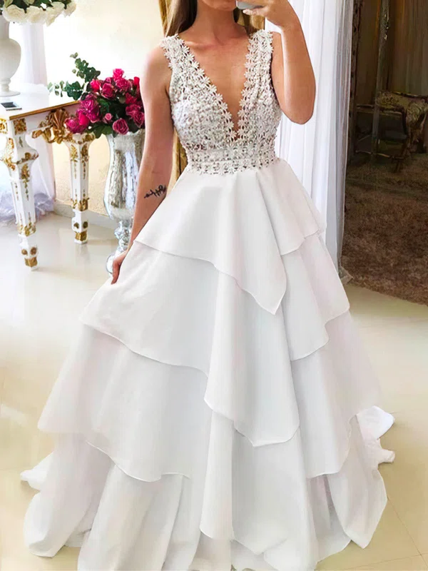 Ball Gown/Princess V-neck Silk-like Satin Sweep Train Wedding Dresses With Tiered #UKM00024131