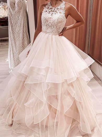 Ball Gown/Princess Illusion Tulle Sweep Train Wedding Dresses With Cascading Ruffles #UKM00024133