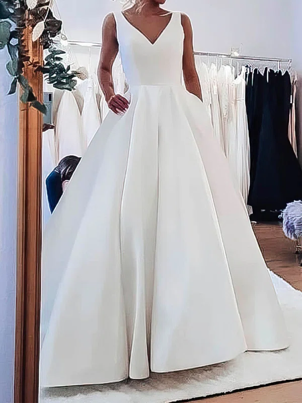 Ball Gown/Princess V-neck Satin Sweep Train Wedding Dresses With Pockets #UKM00024134