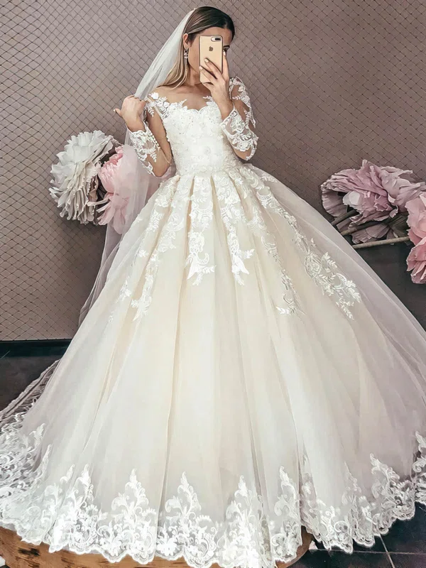 Ball Gown Illusion Tulle Sweep Train Wedding Dresses With Appliques Lace #UKM00024136