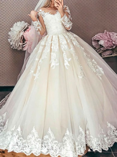 Ball Gown/Princess Illusion Tulle Sweep Train Wedding Dresses With Appliques Lace #UKM00024136