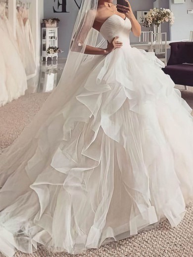 Ball Gown/Princess Sweetheart Tulle Sweep Train Wedding Dresses With Cascading Ruffles #UKM00024137