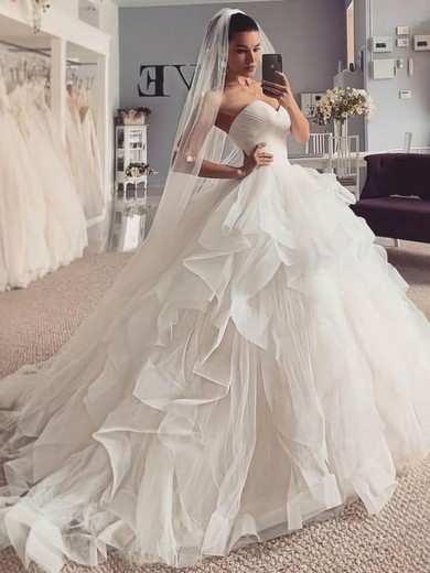 Tulle Sweetheart A-line Sweep Train Cascading Ruffles Wedding Dresses #UKM00024137