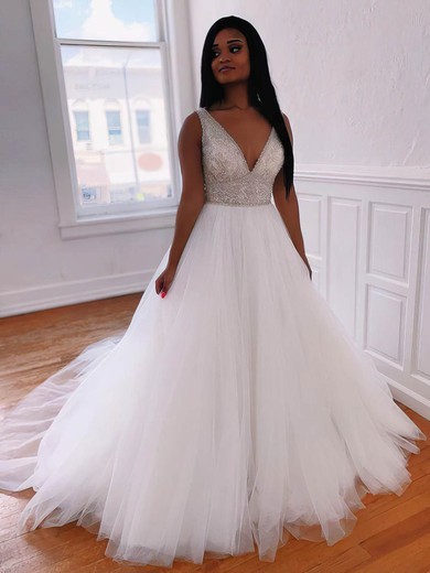 Ball Gown V-neck Tulle Sweep Train Wedding Dresses With Beading #UKM00024139