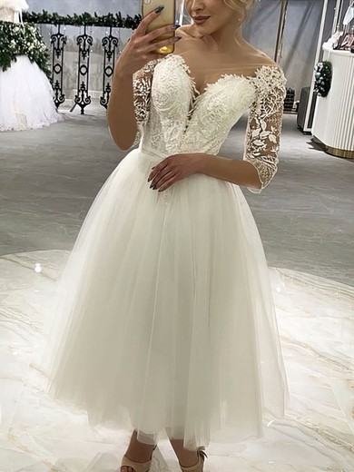 Ball Gown Illusion Tulle Tea-length Wedding Dresses With Appliques Lace #UKM00024140